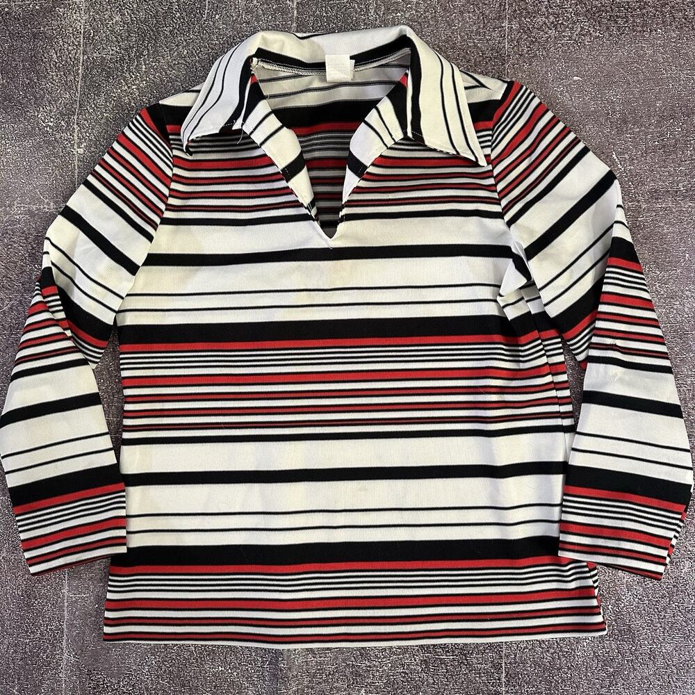Women's Vintage 70's Montgomery Ward Red Black Striped Long Sleeve Shirt Sz L